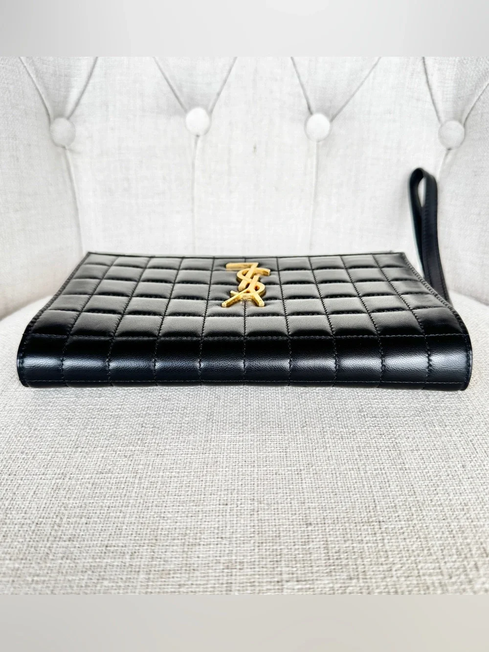 ✨ AUTH Saint Laurent Carré Quilted Cassandre Pouch/Clutch in Black Lambskin ✨